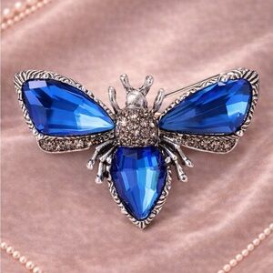 Vintage Sapphire Gem Insect Brooch — Silver Tone